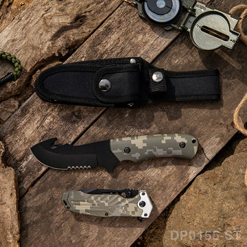 Fixed Blade and Folding Knife Set with Sheath for Outdoor, Camping and Hiking